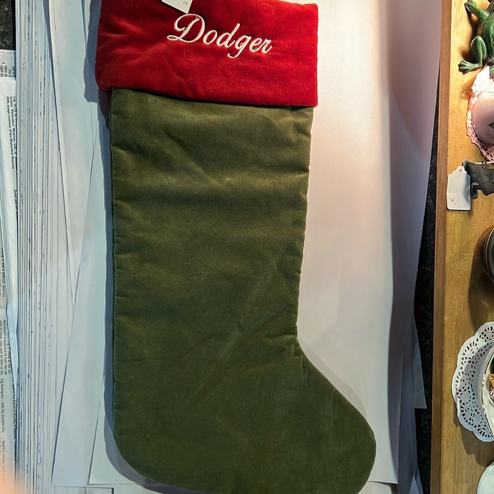 NWT Pottery Barn Personalized “DODGER”Velvet Stocking. Red & green. 24” x 9.5”.